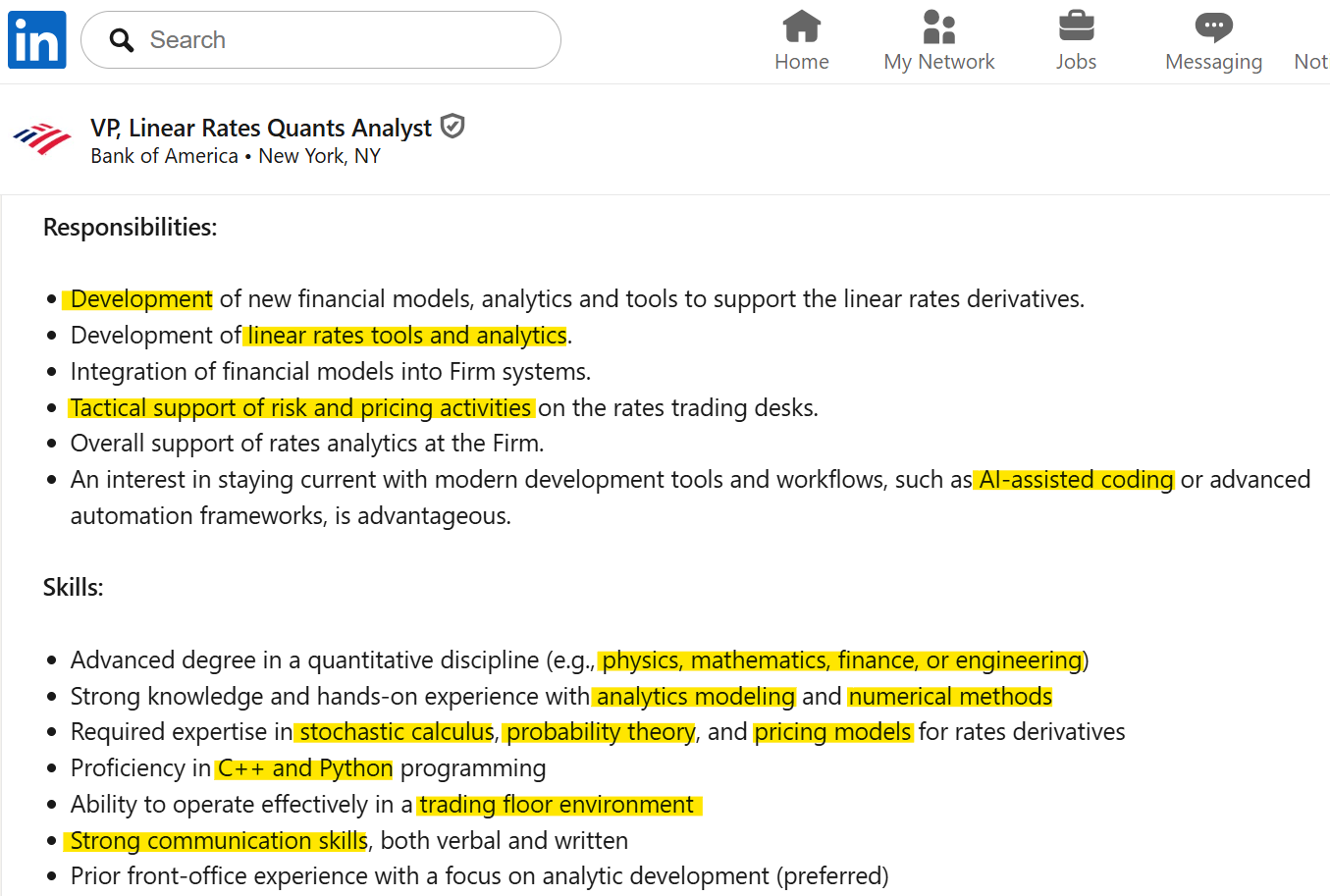 Job Description cho vị trí VP Linear Rates Quant Analyst, BofA, tại New York