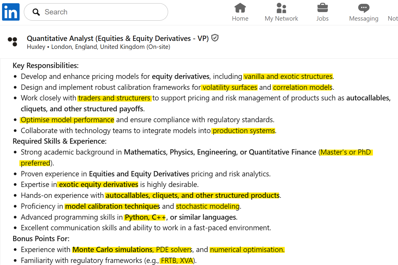 Job Description cho vị trí VP Equity Derivatives Quant Analyst tại London