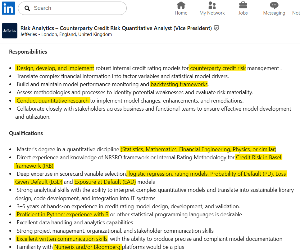 Job Description cho vị trí VP Risk Analytics, Jefferies, tại London