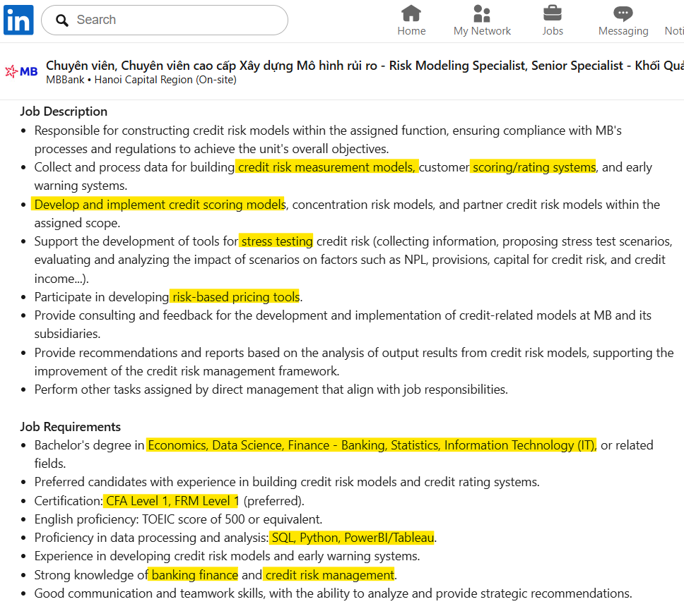 Job Description cho vị trí chuyên viên cao cấp xây dựng mô hình rủi ro, MB Bank, tại Việt Nam